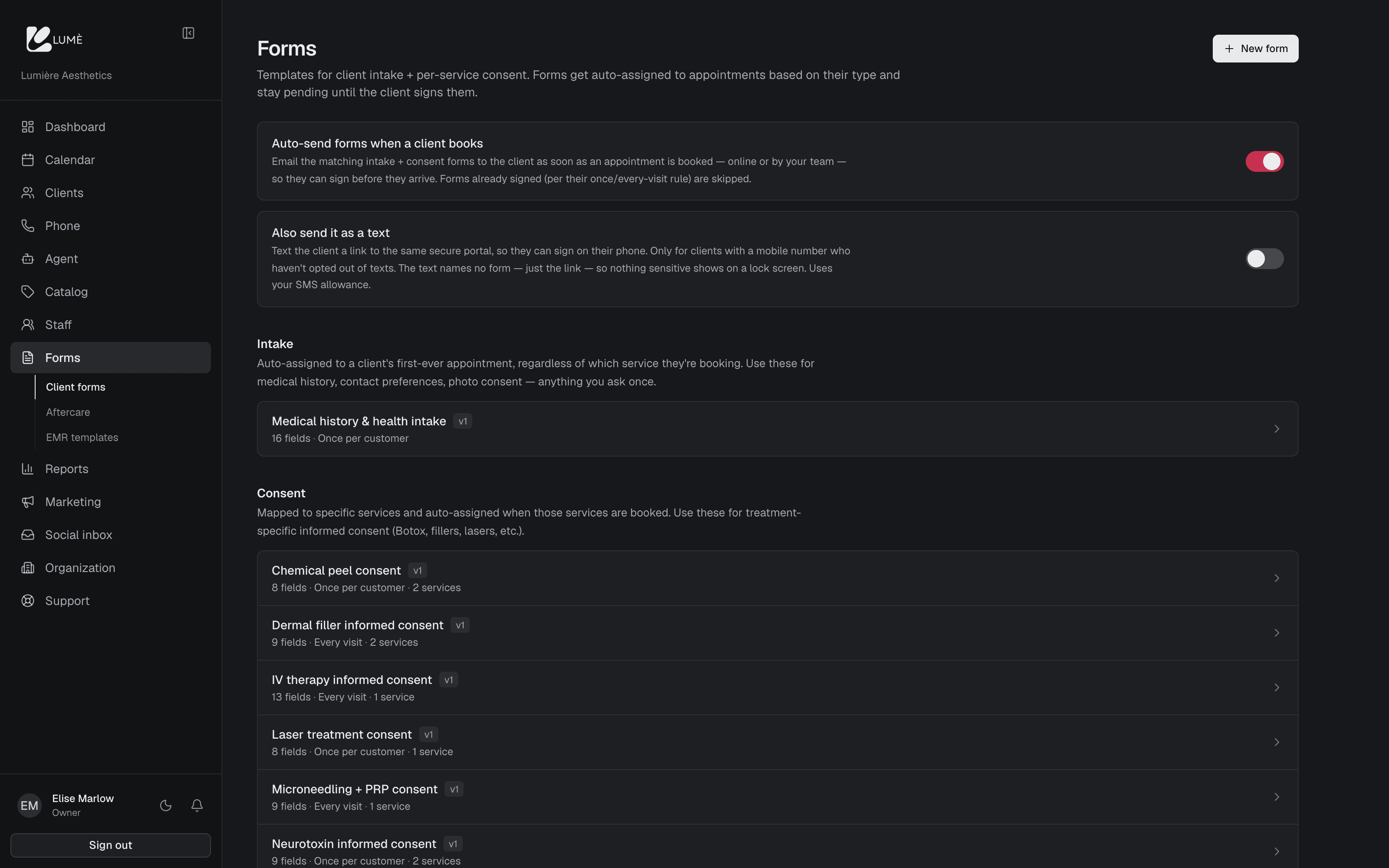 The forms list with signed and pending consent